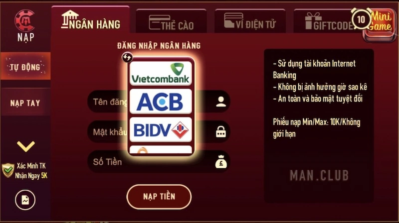 Các lưu ý khi nạp tiền Manclub